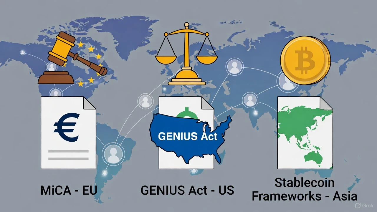 Regulación cripto 2025: MiCA, stablecoins Asia y GENIUS Act EE.UU. – panorama completo noviembre