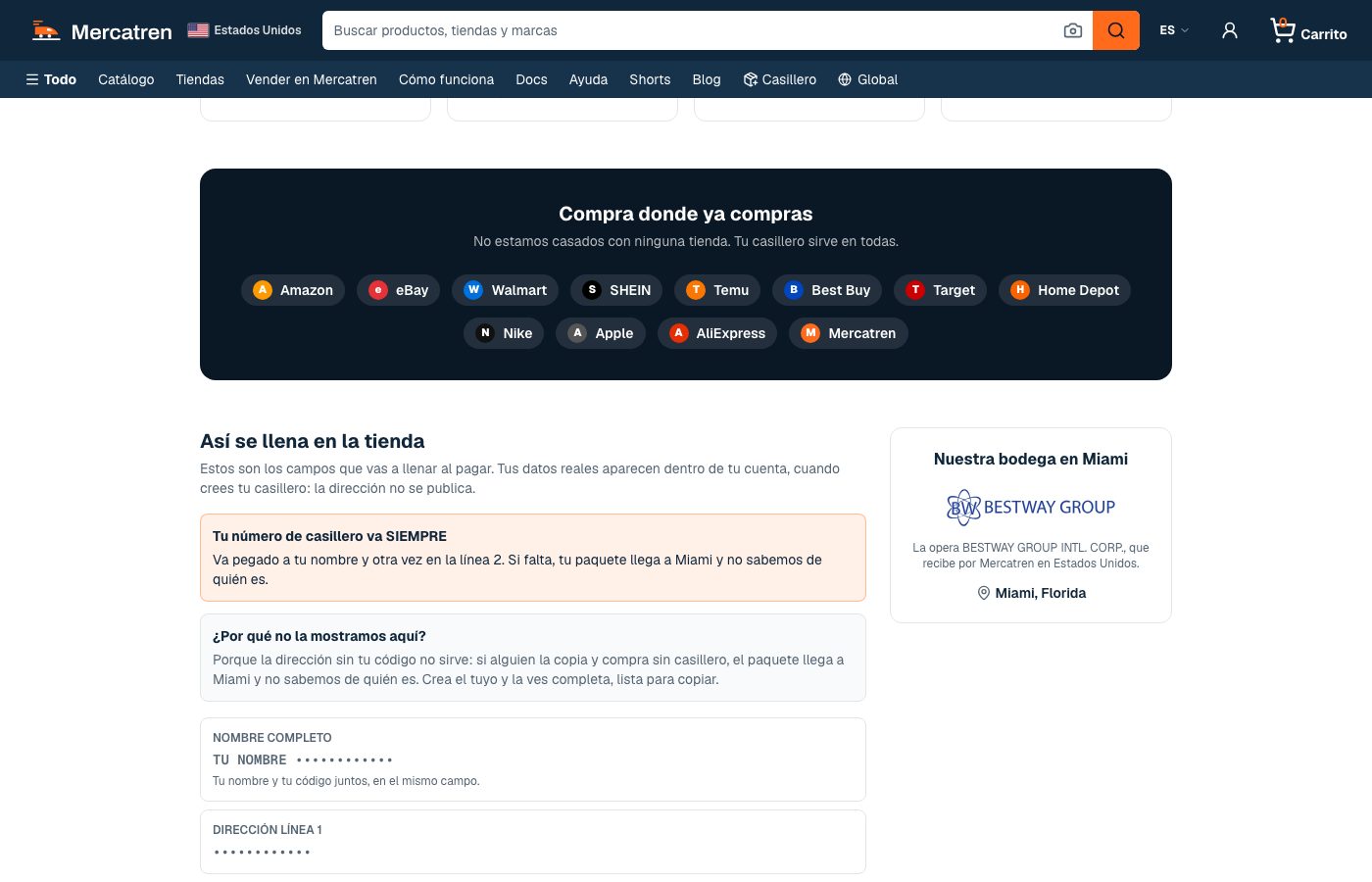 Sección «Así se llena en la tienda» del casillero de Mercatren, con el aviso de que el número de casillero va siempre y el recuadro de la bodega en Miami