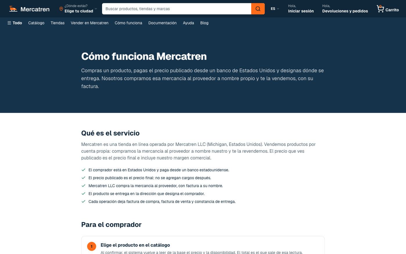 Página «Cómo funciona» de Mercatren: elegir, pagar desde un banco de Estados Unidos, indicar la dirección y recibir factura