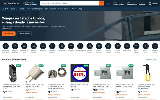 Portada de Mercatren: «Compra en Estados Unidos, entrega donde la necesites», con su catálogo de ferretería