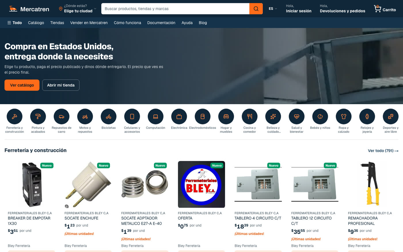 Portada de Mercatren: «Compra en Estados Unidos, entrega donde la necesites», con su catálogo de ferretería