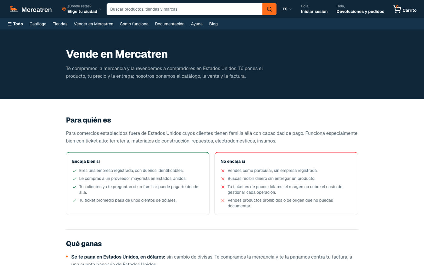Página «Vende en Mercatren»: para quién es, requisitos y qué gana el comercio