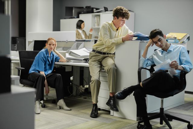 Personas trabajando en un espacio de oficina moderno, con luz natural, reflejando el ambiente del mercado laboral.
